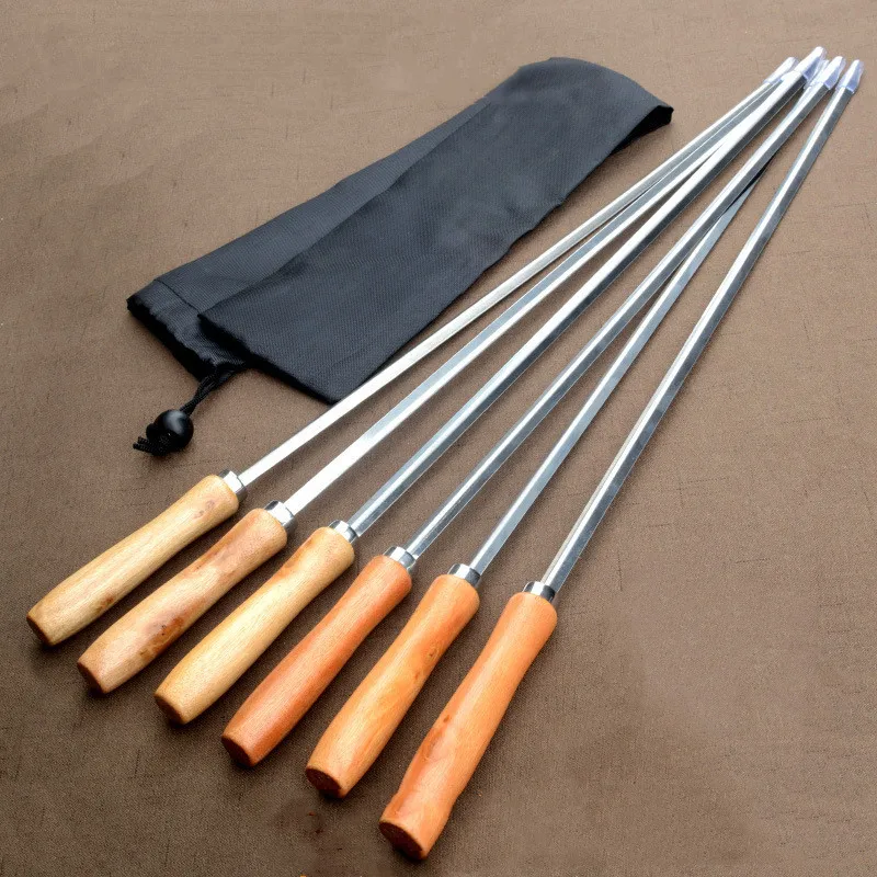 50cm V-type Long Wood Handle BBQ Skewers Shish Kebab Grill Stick Wood BBQ Fork Stainless Steel Barbecue Grill Needle Tools 6pcs