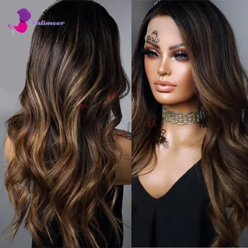Parrucca con Base in Seta e Frontale in Pizzo 13x4, Capelli Umani, Densità 180, Biondo Miele Balayage per Donne