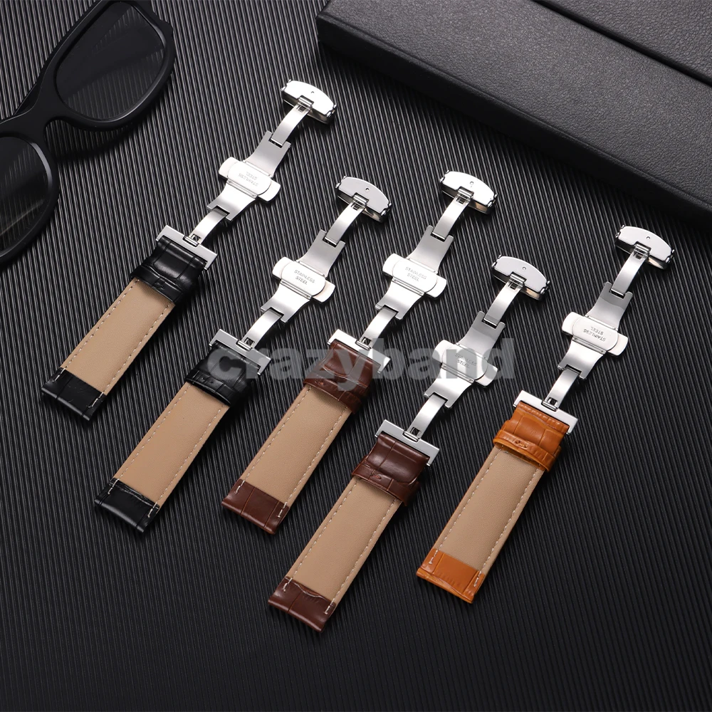 Elegant Genuine Leather Men's Watch Strap with Metal Butterfly Buckle
