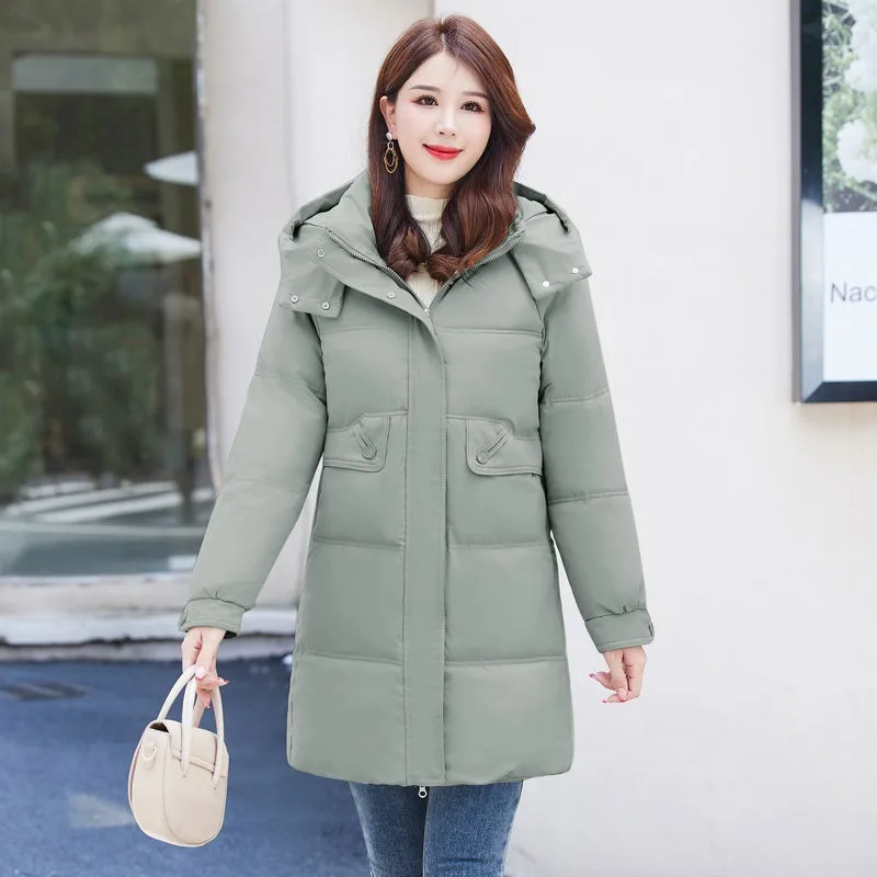2023 New Women Down Cotton Coat Winter Jacket Female Mid Length Version Parkas Thick Warm Outwear Hooded Versatile Overcoat
