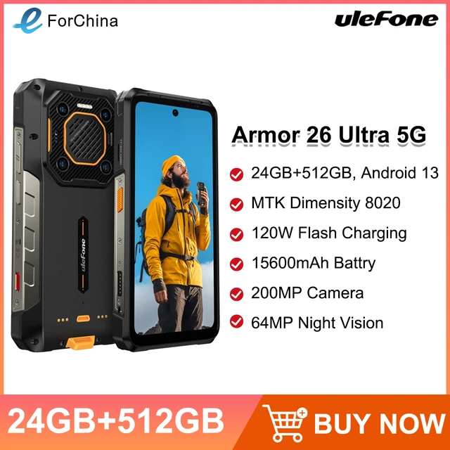 Ulefone Armor 26 Ultra 5G Rugged Smartphone Waterproof 6.78 inch 120W 15600mAh 200MP Camera 64MP Night Vision Android 13 NFC 1