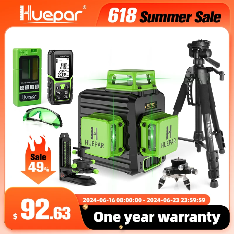 Huepar 12 Lines 3D Green Laser Level Horizontal And Vertical Cross Lines Auto Self-Leveling With Hard Case, Indoors and Outdoors