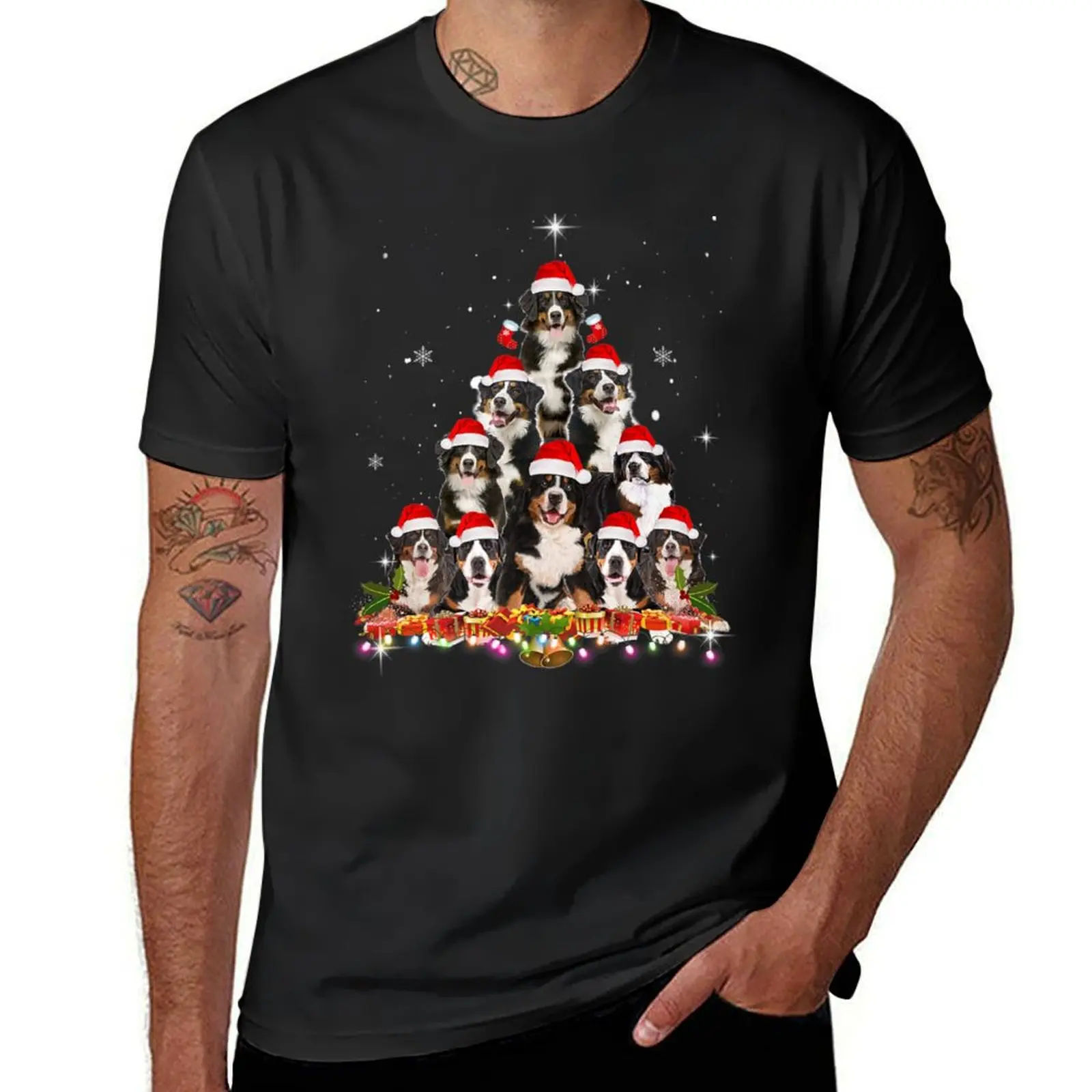 

Bernese Mountain Christmas Tree Dog Santa Xmas Funny Pajamas T-Shirt customs vintage clothes plain t shirt for men