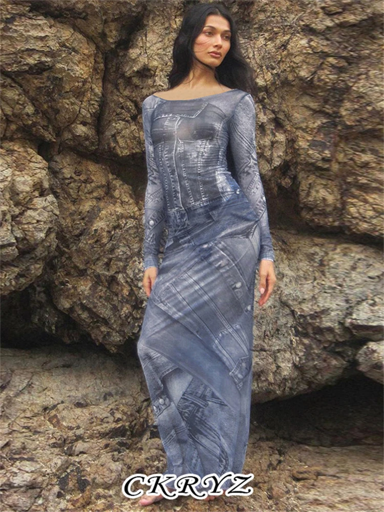 

Ckryz-Женские Макси-платья с принтом тай-дай и длинными рукавами, круглым вырезом, сексуальный пляжный отдых, Клубная одежда, осенние наряды Y2K, новая мода, осень