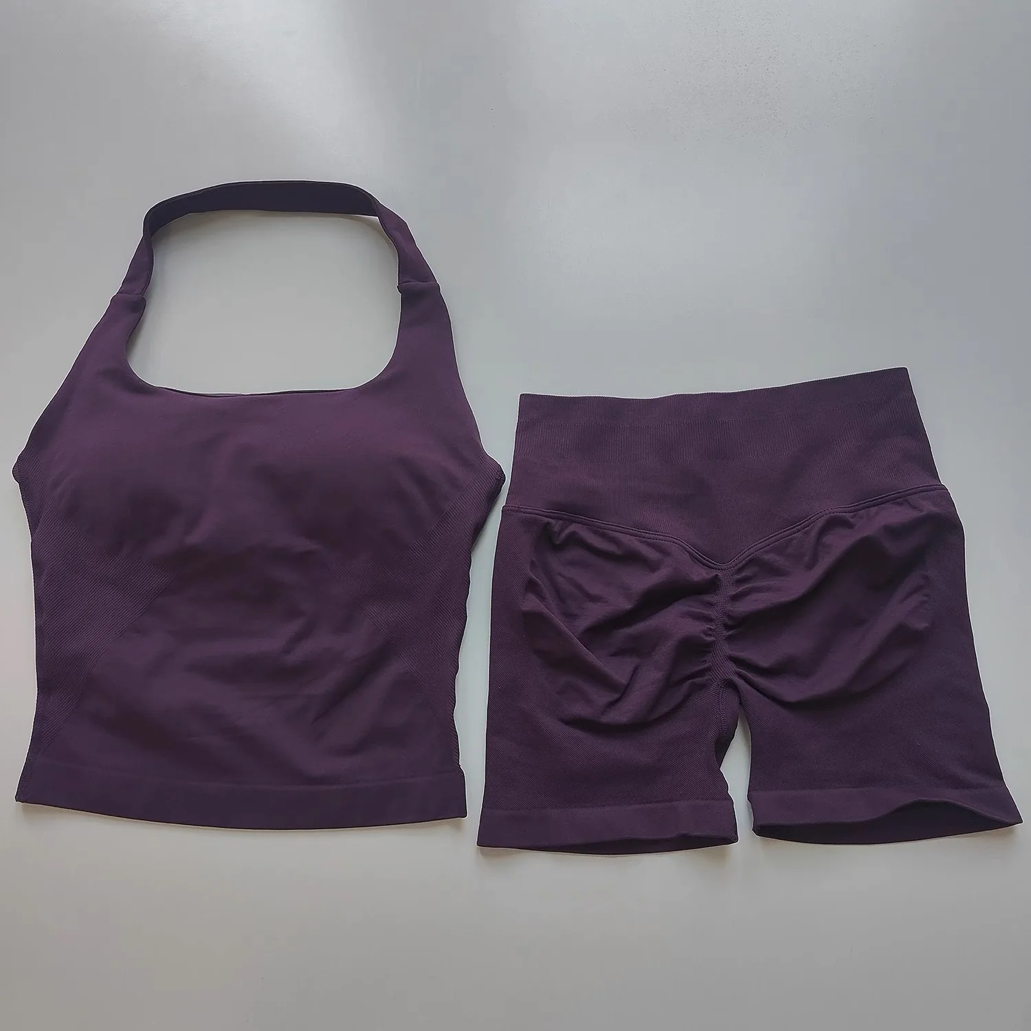 2PCs Peach High Waist Belly Hip Lifting Sports Bras Shorts Suit Gathering Shock-proof Neck Halter Yoga Suit Running Fitness Set