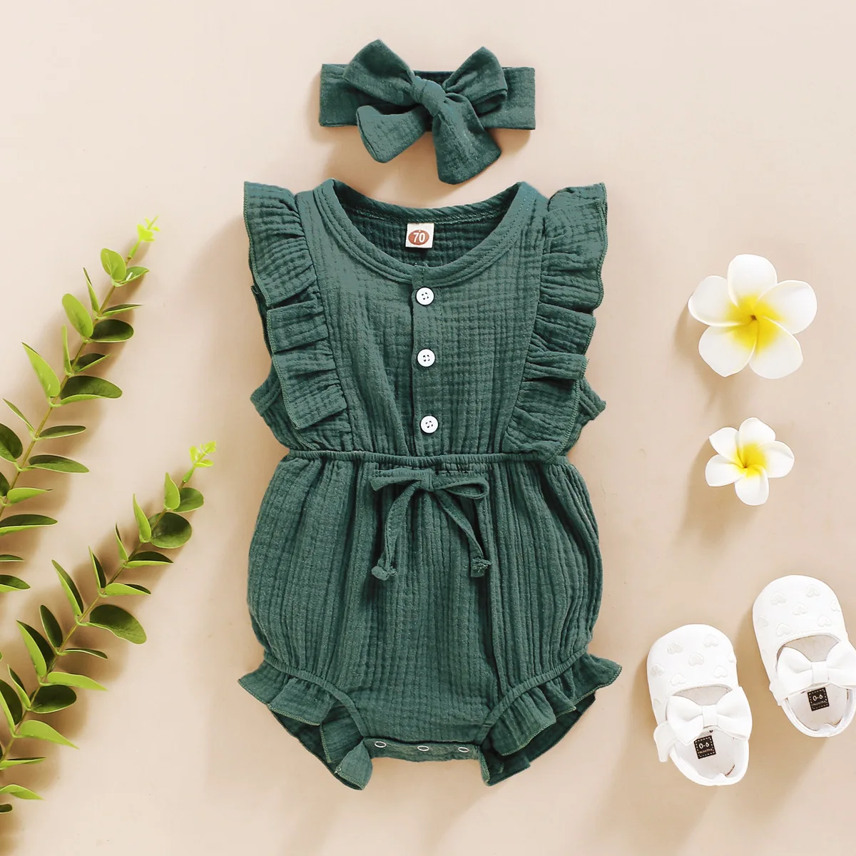 Summer Newborn Infant Baby Girls Romper + Headband Ruffles Sleeve Baby Playsuit Jumpsuit Button Breasted Linen Baby Clothing Newborn Sailor Romper Girls Boy Costume Anchor Baby Rompers