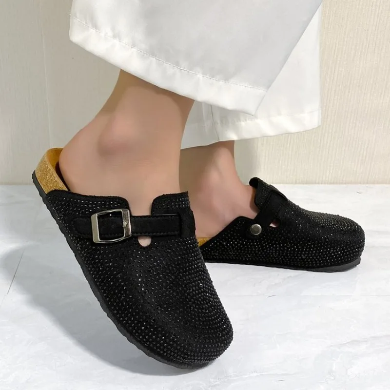 Shiny Rhinestones Outdoor Slippers Women's Shoes 2024 Summer Trend Luxury Platform Sandals Black Buckle Cork Clog Luxury Mules 5