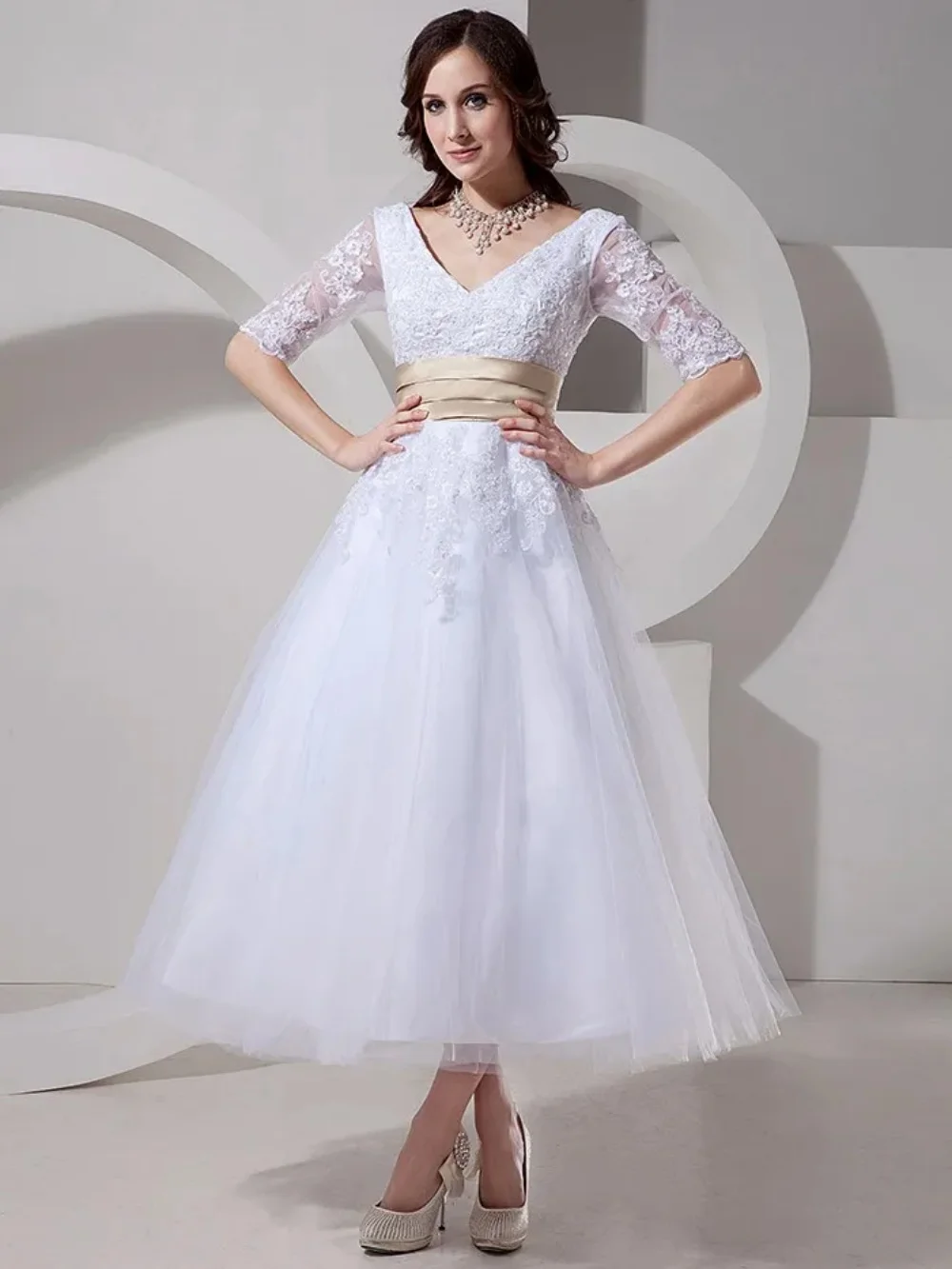 

New Simple Wedding Dress For Women V-Neck Half Sleeves Lace Appliques A-Line Wedding Party Dress Ankle-Length Homecoming Dress