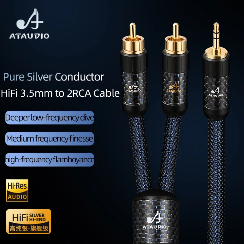 ATAUDIO 순수 실버 HiFi 오디오 케이블, 전화 CD 금도금 스테레오 3.5mm 잭-2RCA 수 HiFi 케이블, 3.5mm-2RCA