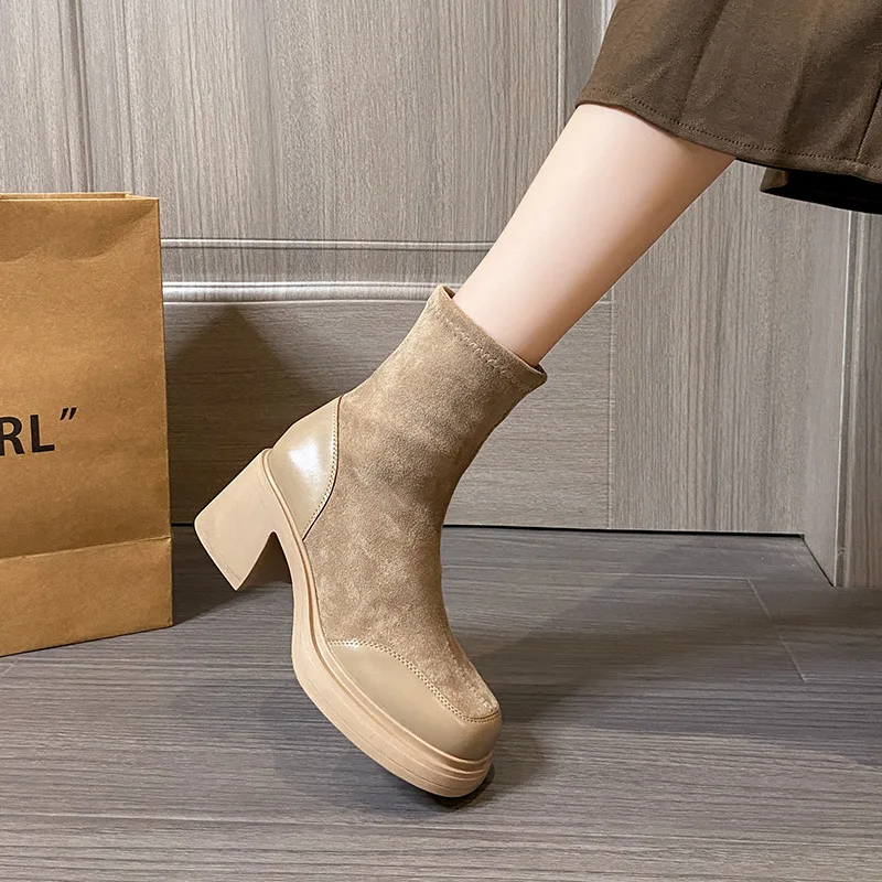 Short Shoes for Woman Black Women's Ankle Boots Sock Footwear Combat Booties Very High Heels Suede Punk Style Heeled Autumn Boot