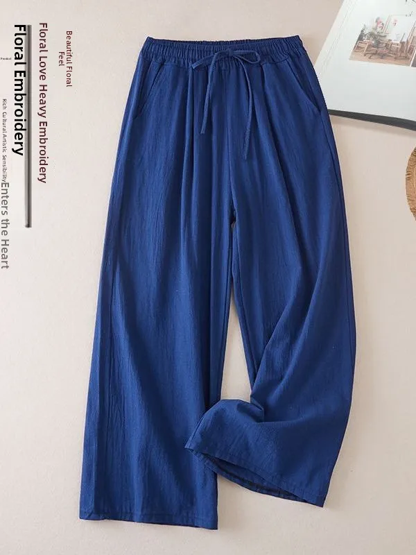 Retro Loose Fit Cotton Linen Wide Leg Pants Women's Summer New Sle Slimming Long Casual Versatile High Waist Trousers