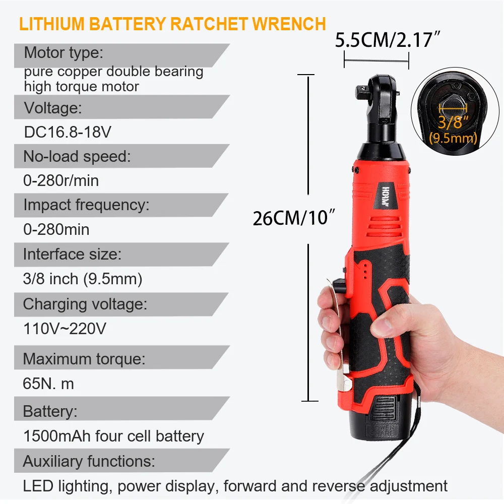 Hormy 3/8 Inch Cordless Electric Wrench 9.5mm Right Angle Ratchet Wrenches 65N.m Rechargeable Car Repair Tool Set Angle Wrench 2