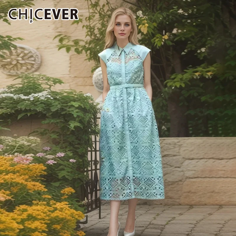 

CHICEVER Embroidery Hollow Out Dresses For Women Lapel Short Sleeve Solid Patchwork Belt Hight Waist Maxi Dress Female Summer