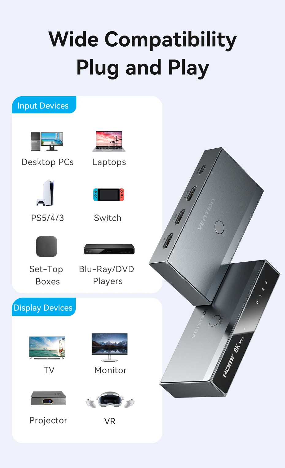 HDMI 2.1 Splitter Switch 8K 60Hz 4K120Hz 3 in 1 out for TV Xiaomi Xbox PS5 Set T