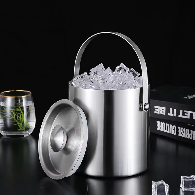 Ice Bucket 2L with Lid,Scoop,Tongs, Small Double Wall Insulated Stainless  Steel Ice Bucket Wine Bucket for Cocktail Bar and Parties