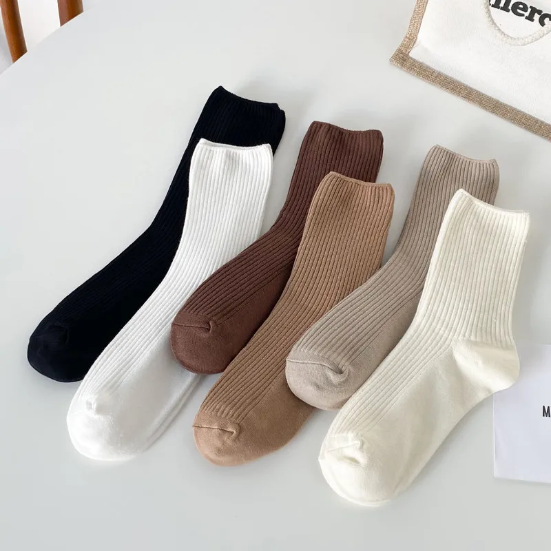 

5Pair Trend Stack Socks Cotton Long Socks Women Harajuku High Socks Loose Solid Double Needles Breathable Knitted Stockings