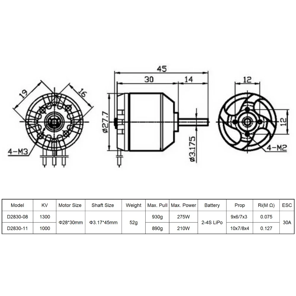 Moteur Brushless D2830 750-1300KV pour Avion RC Hélicoptère