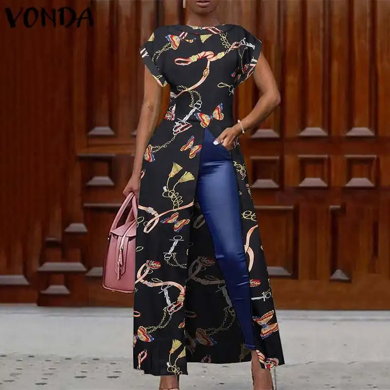VONDA-camisas asimétricas con cuello redondo para mujer, femeninas con dobladillo dividido, Blusas formales para fiesta y oficina, Blusas estampadas para vacaciones 2022 - AliExpress Ropa de