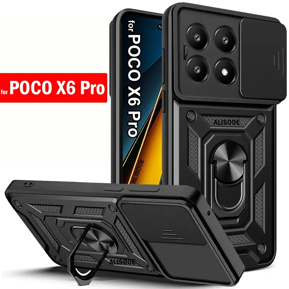 Capa Per Poco X6 Pro 5G Custodia Armor Slide Camera Lens Protection Cover Per Telefono Per Poco X6 Pro Ring Stand Antiurto Funda
