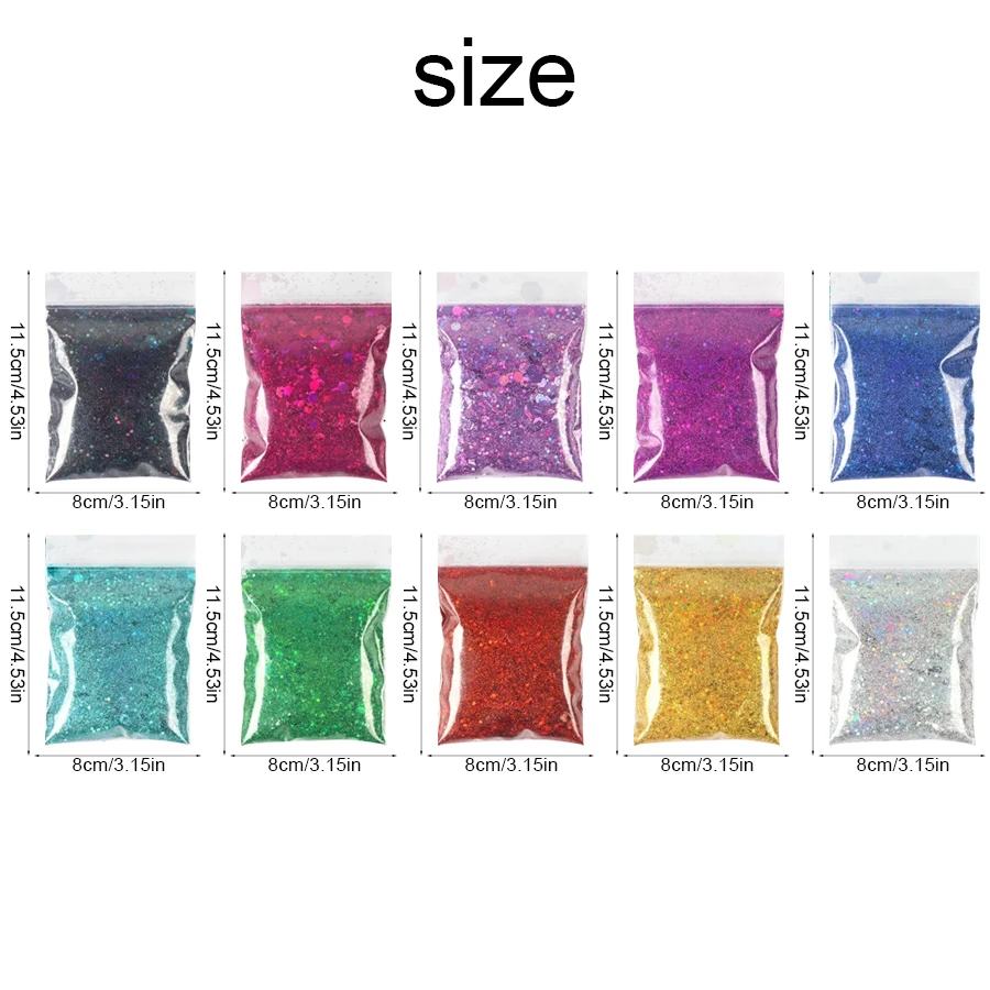 10 Colors 20g Holographic Nail Glitter Laser Color Nails Art Flakes Mixed Size Hexagon Sequin Nail Powder Art Decoration