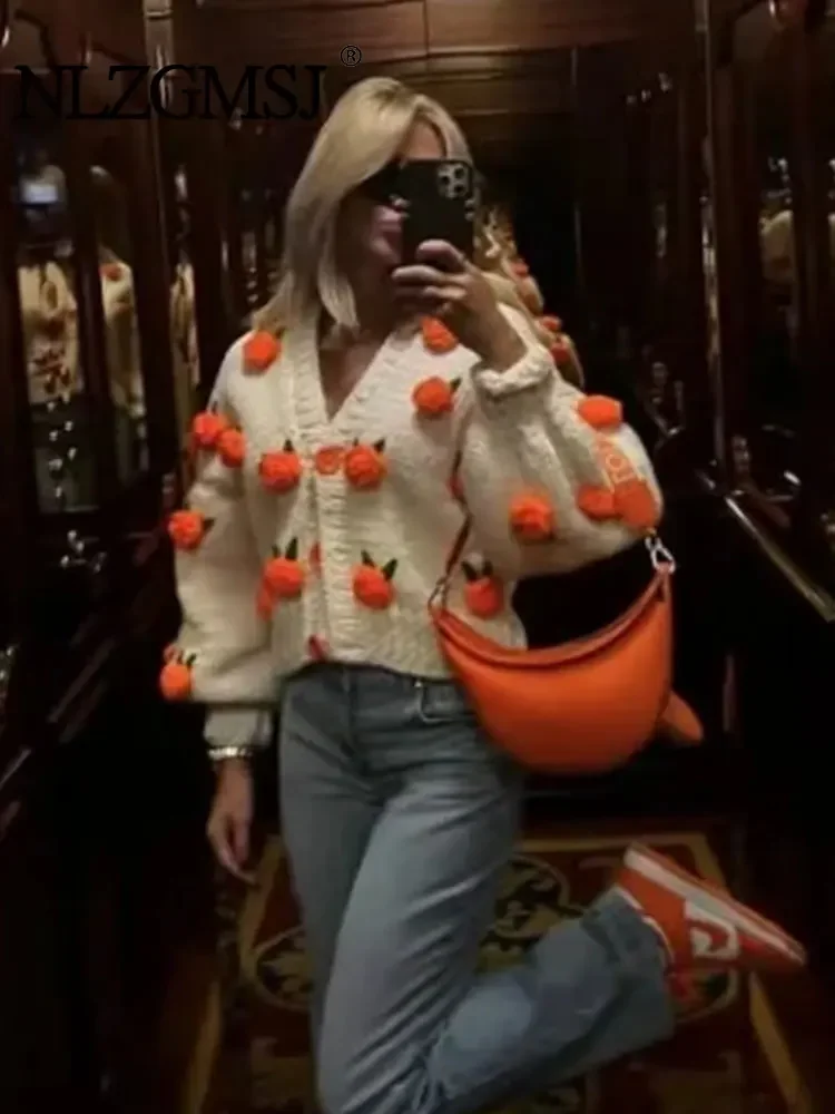 

Nlzgmsj TRAF 2024 Oversize 3D Flower V-neck Knit Cardigan Women Warm Sweater Autumn Winter Loose Single Breasted Knitwear Coat
