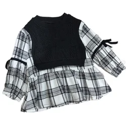 Yk gooporson outono meninas outfits malha emendamento xadrez blusa longa moda coreano camisa de manga longa bonito crianças traje