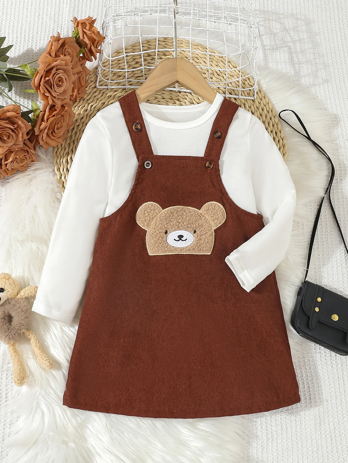 Autumn And Winter Girls' Casual Carrier Dress Set: White Long-Sleeved Shirt + Little Bear Embroidered Corduroy Carrier Dress