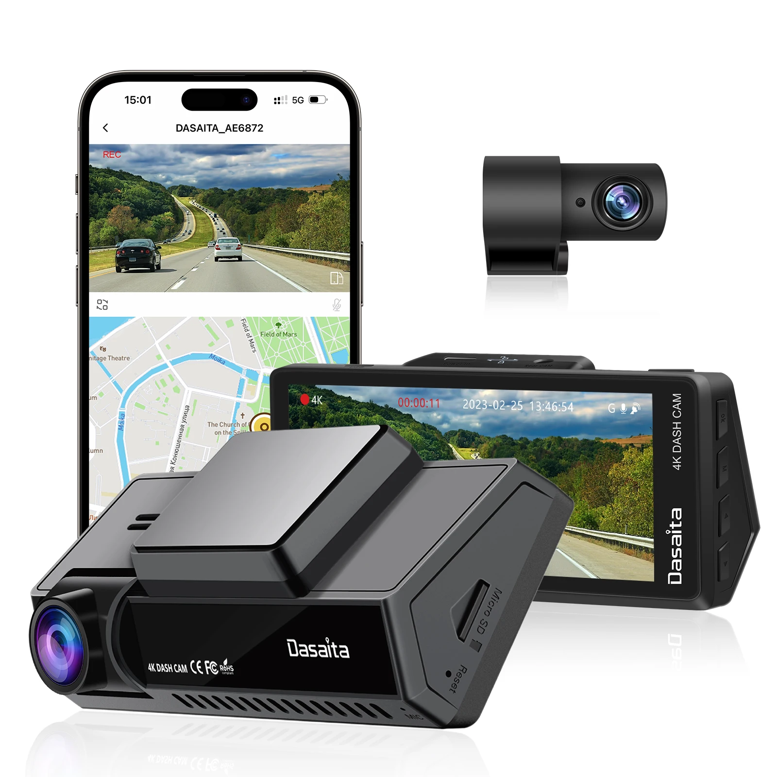 Dasaita 4 ġ LCD  ķ,  4K ĸ 1080P IMX335 Ĩ, 160     GPS ڵ    ī޶