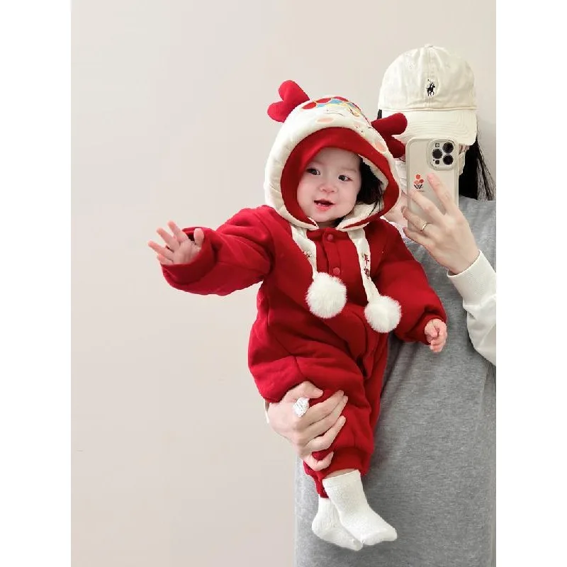 

Baby winter clothes, super cute fleece onesies, thickened and warm, one-year-old crawling clothes, cute hooded cotton clothes