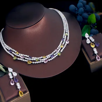 Shiny Colorful Cubic Zirconia 3 Rows Multi Layer Bridal Wedding Choker Necklace Earrings Jewelry Set for Women TZ784 6