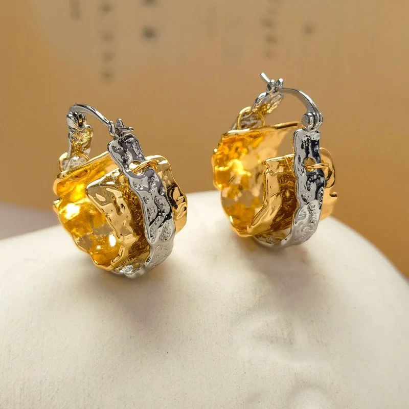 Brass Chunky 2 Tone Hoop Earrings Women Jewelry Punk Party T Show Gown Runway Korean Japan INS