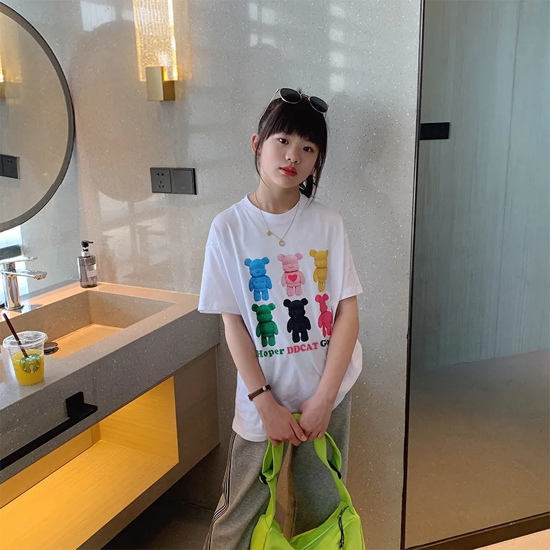 

Summer Casual School Kids Loose Cartoon Shower Tee Tops Baby and Girls Short-Sleeved T-Shirt Children Base Layer Outfit 1-16 Yrs