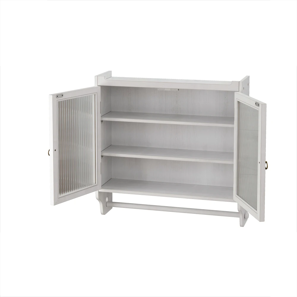 Vintage-Wandschrank mit Doppeltür und Glastür, dreistufiger Stauraum mit Handtuchhalter, für Badezimmer, Küche, Esszimmer – Detail 29