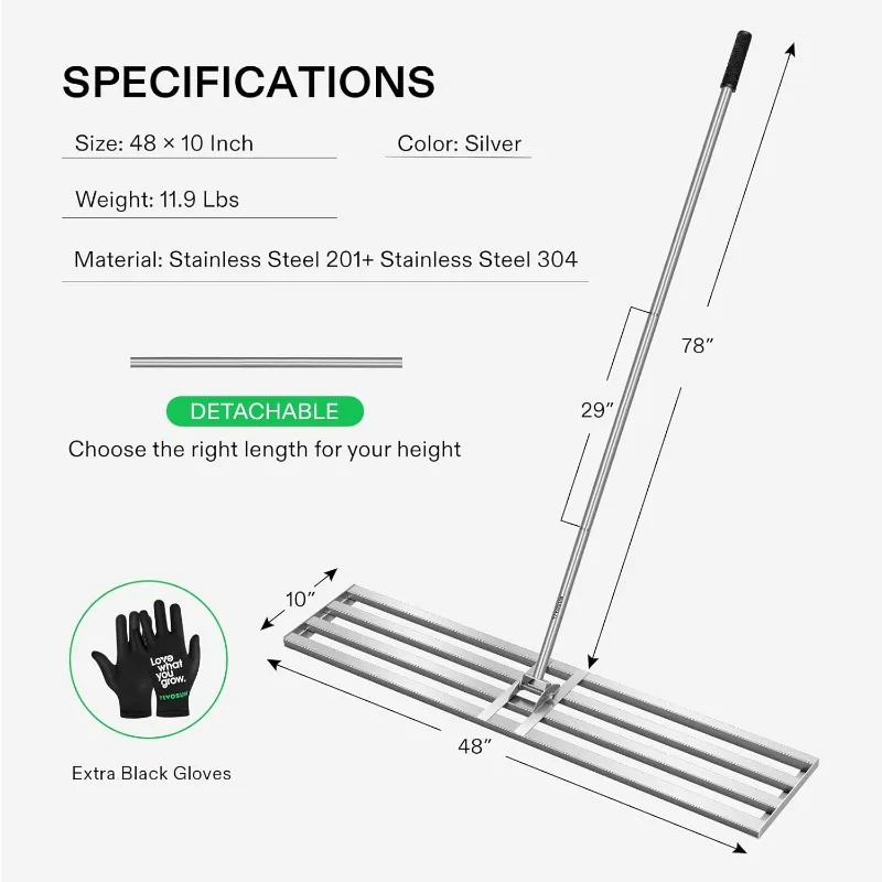 48" Stainless Steel Lawn Leveling Rake with 7FT Handle 2