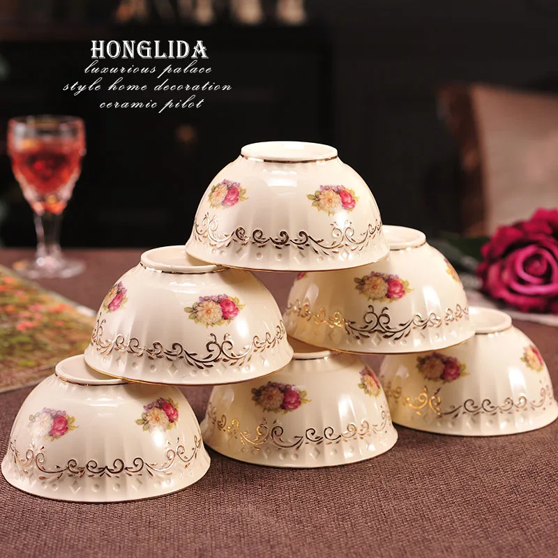 

European style ceramic tableware bowl household rice plate bowl water painting gold rimmed tableware set