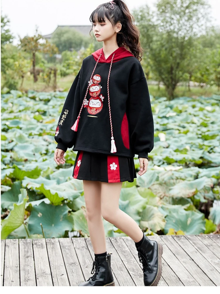 Black Fleece Hooded Sweatshirt Harajuku Chinese Embroidery Oversize  Pullover Hoodies Women 2023 Winter Sweet Style Female Top - AliExpress