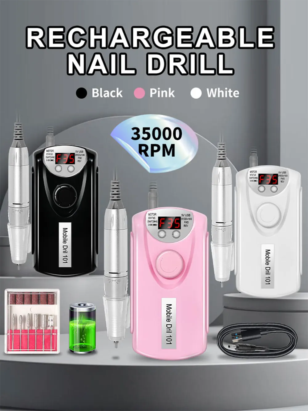 Description Picture 2 of item35000RPM Nail Drill Machine for Nails Rechargeable Manicure Low Noise Professional Electric Nail Drills Motor Polishe Sander