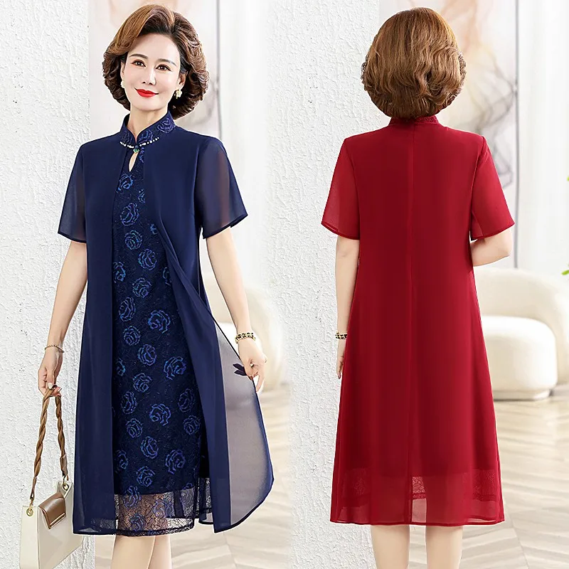 

Noble Chiffon Middle-aged Elderly Summer Dresses Women Vintage Cheongsam Dress Slim Female High Quality Dress Lace Dresses
