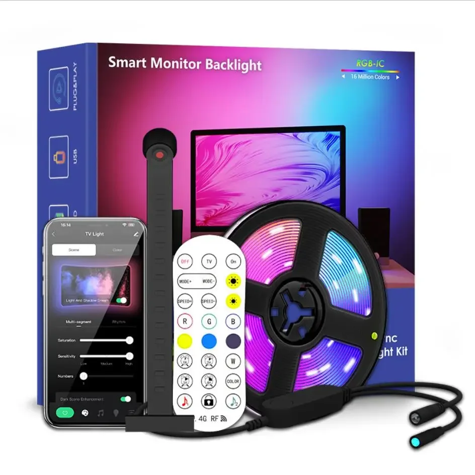 AR Renk Sensörü ile RGBIC LED TV Arka Işık Şeridi APP Kontrolü Müzik Oyun Atmosferi için Sycn Akıllı RGB Işık