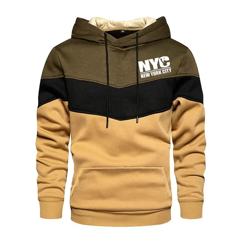 

NYC letter Printed Loose Fleece Sweatshirt Men's Splicing Hooded Hoodies Male Fashion Spring Autumn outdoor Sport wear