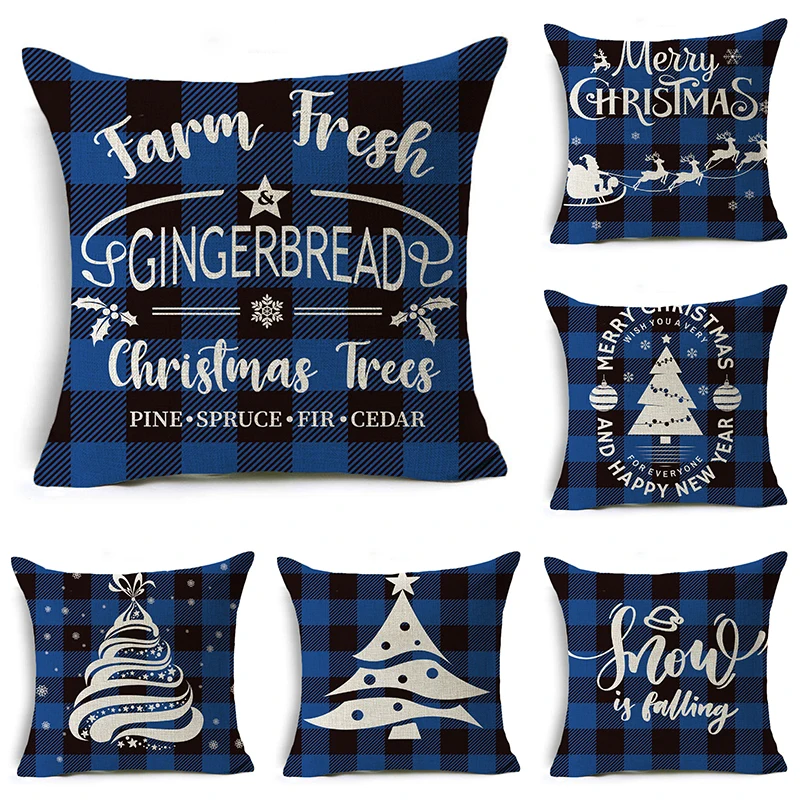 

Christmas Pillowcase Blue Plaid Art Deco Cushion Cover Sofa Home Gift 45cm*45cm