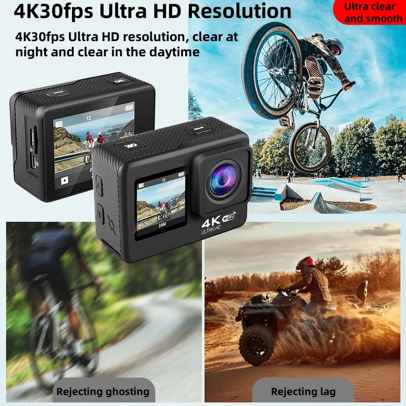 4K/30fps 액션 카메라 듀얼 스크린 30M 방수 WiFi 손떨림 방지 HD 스포츠 비디오 액션 카메라 170 ° 광각 스포츠 카메라