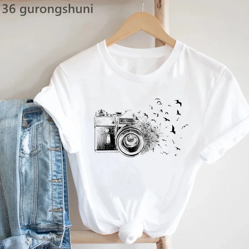 Vintage T-Shirt Women Camera Bird Tshirt Femme Summer Fashion Short Sleeve T Shirt Female Casual Hipster Tshirt Female Tops