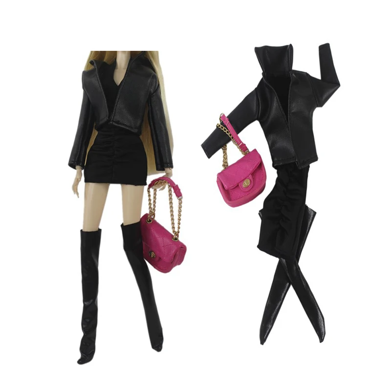 

1 комплект, кукольная одежда, кожаное пальто, маленькое черное платье, женский костюм