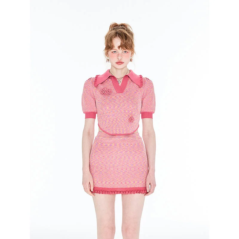 

Summer 2 Piece Set Sweet Women Temperament Puff Short Sleeve Pullover Knitted V-neck Crop Top + High Waist Midi Skirt Suit