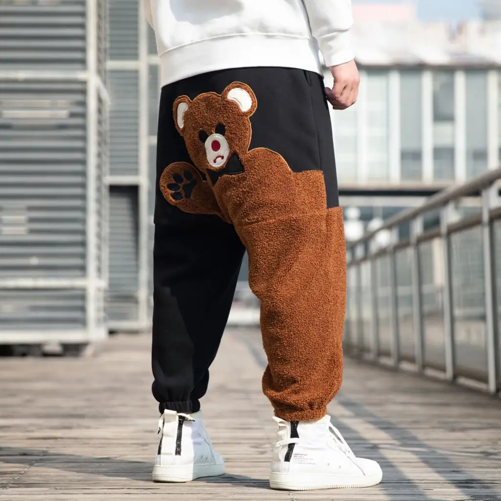 

Fashion Bear Cartoon Pattern Fleece Casual Pants Autumn Winter Loose Plus Size Hip Hop Jogging Pants Streetwear Men Clothing