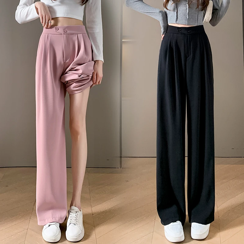 2023 nova reta perna larga calças femininas estilo coreano calças de  cintura alta para mulheres cor sólida solto terno feminino - AliExpress