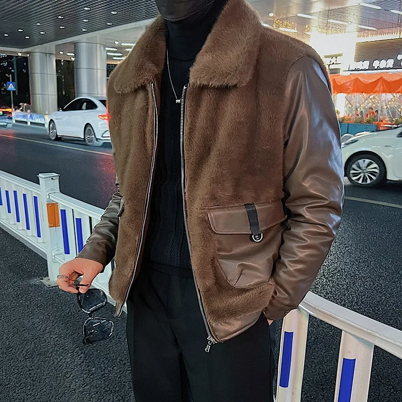 2023 Winter Leather Fur Integrated Splices Jackets Men's Thicken