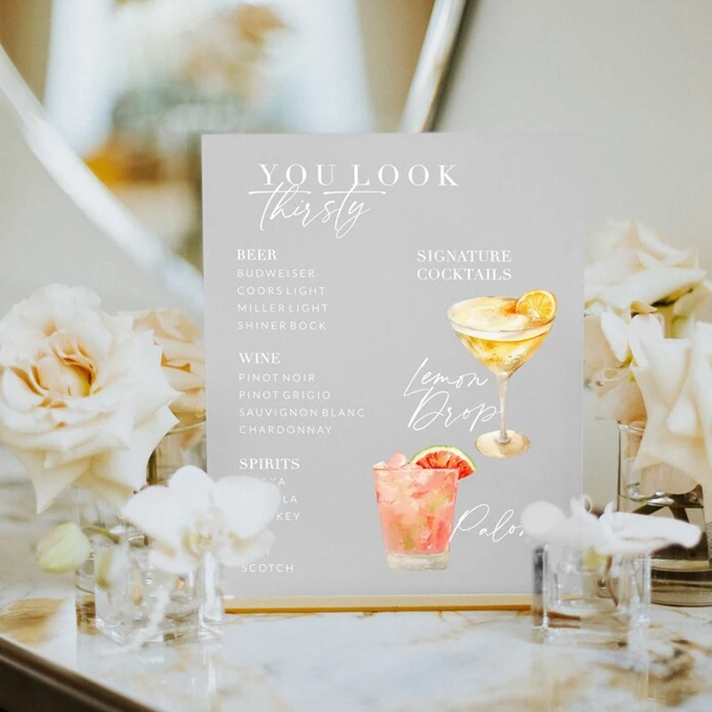 Wedding Signature Cocktails Sign,Frosted Acrylic Sign, Acrylic Bar Sign with Gold Stand,Signature Drinks Sign,Bar Menu