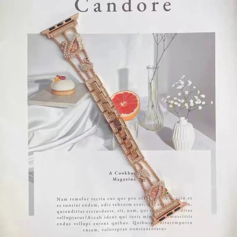 Metal Diamond Strap For Apple Watch 45mm 44mm 42mm 41mm 40mm Women Stainless Steel Swan Style Bracelet For iWatch 8 7 6 5 4 3 SE